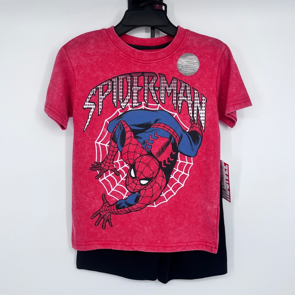 NWT Marvel Spider-Man T-Shirt & Black Shorts Set Boys Size 6 Red‎ Acid Wash